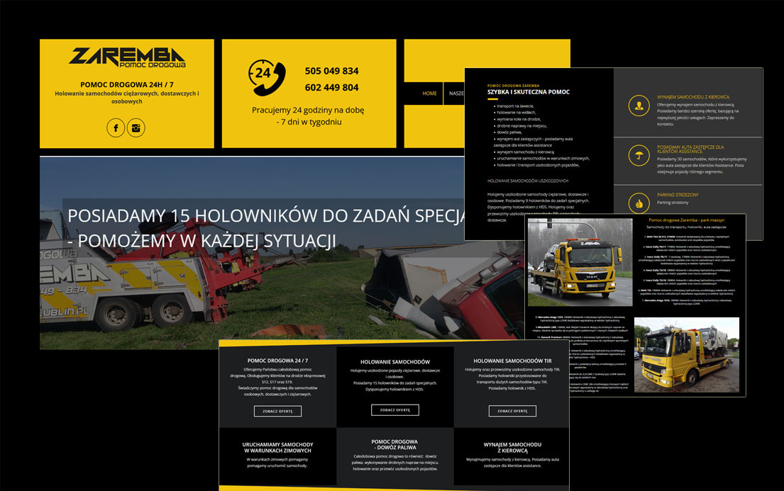 Żółto-czarna strona internetowa firmy oferującej pomoc drogową, prezentująca holowniki, numery kontaktowe i zakres usług, w tym holowanie, dowóz paliwa i wynajem aut zastępczych.