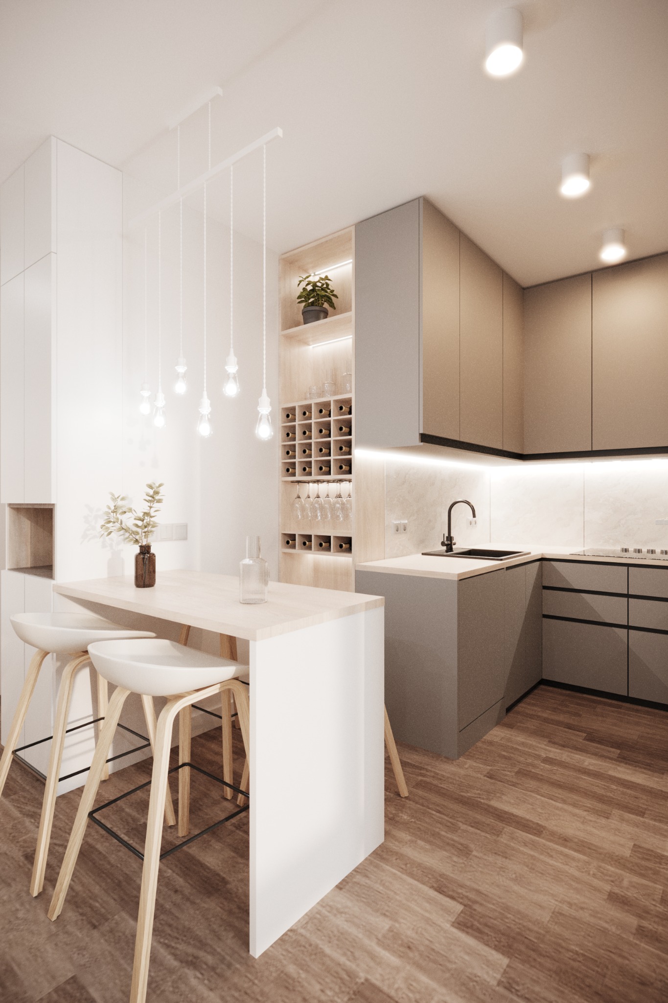 Jasna, nowoczesna kuchnia z wyspą, drewnianą podłogą i oświetleniem punktowym; widoczny regał na wino i szklanki, minimalistyczne krzesła barowe i dekoracje roślinne.