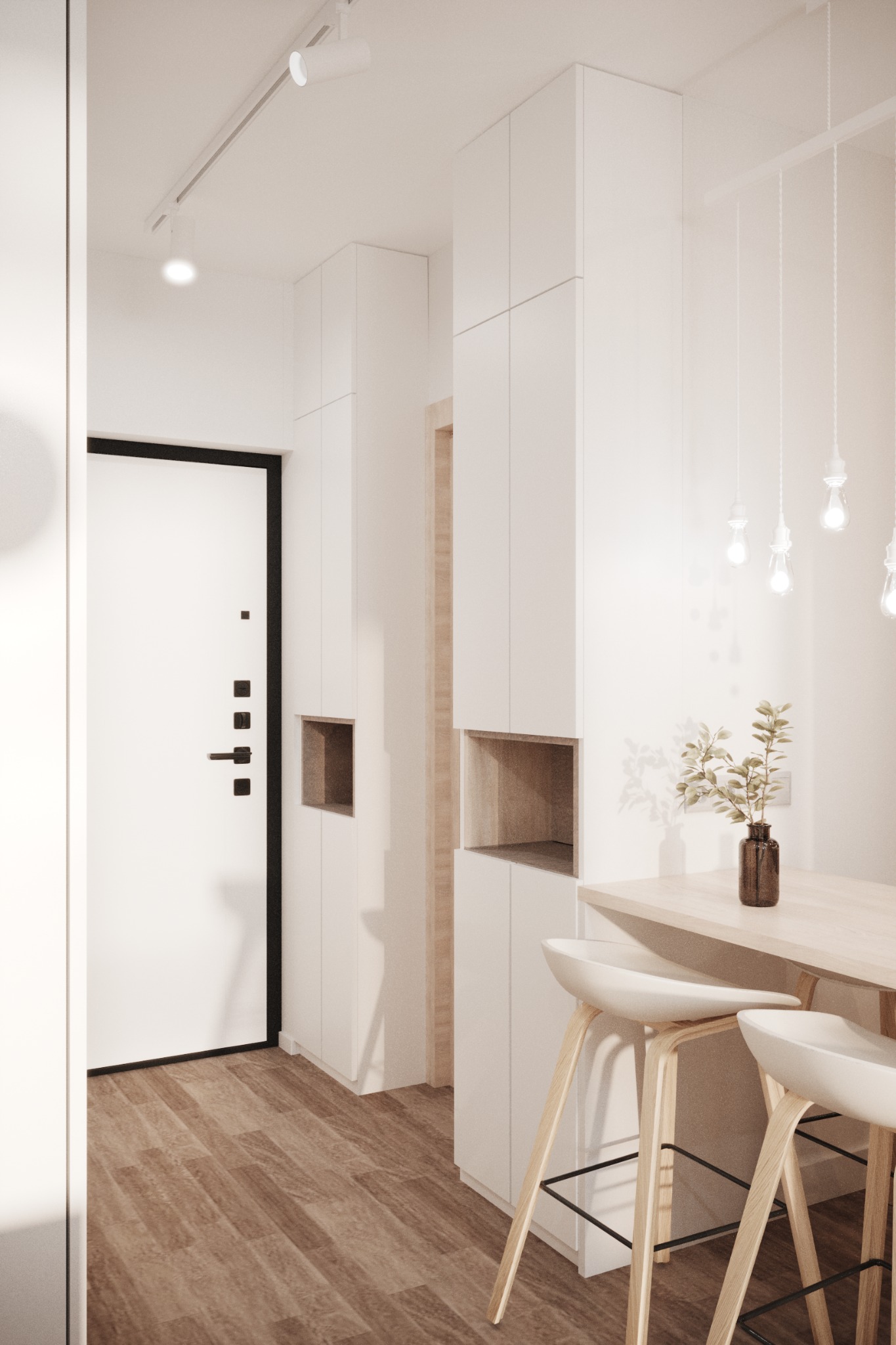 Nowoczesne wnętrze mieszkania z białymi szafkami w zabudowie, drewnianą podłogą, białymi hokerami i minimalistycznym oświetleniem.