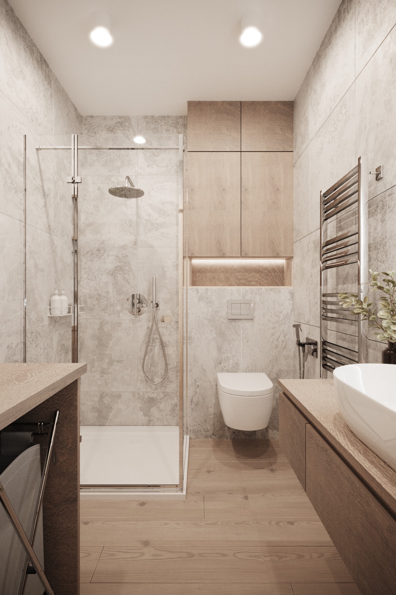 Nowoczesna łazienka z kabiną prysznicową typu walk-in, wiszącą toaletą, umywalką nablatową, drewnianymi szafkami i grzejnikiem drabinkowym.