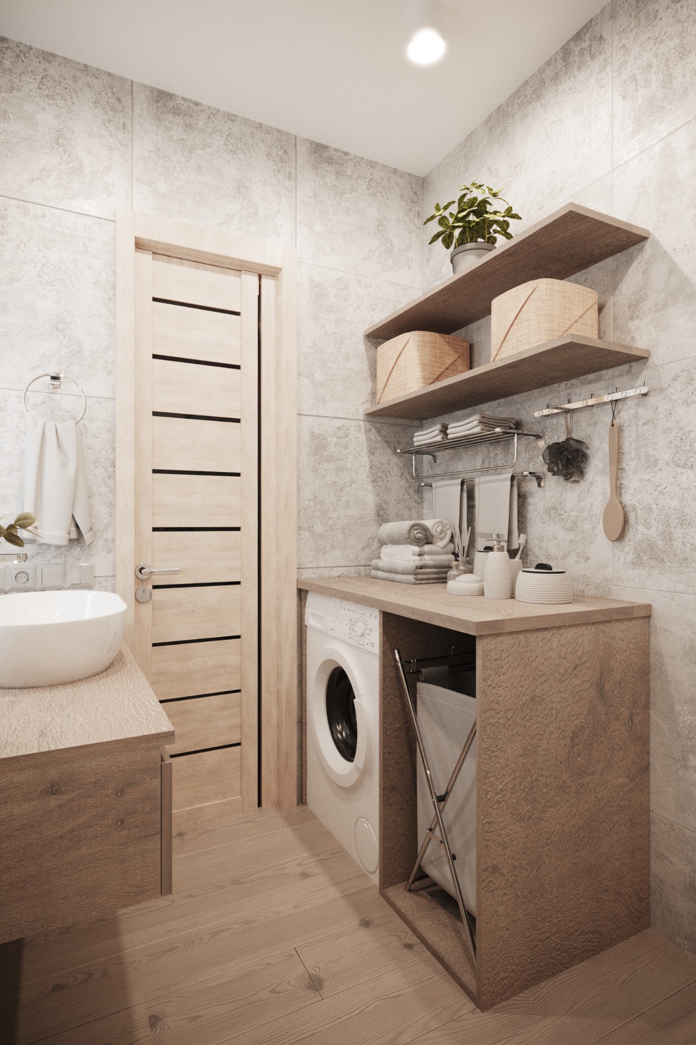 Nowoczesna łazienka z pralką, umywalką nablatową, drewnianymi półkami i szarą płytką imitującą beton na ścianach.