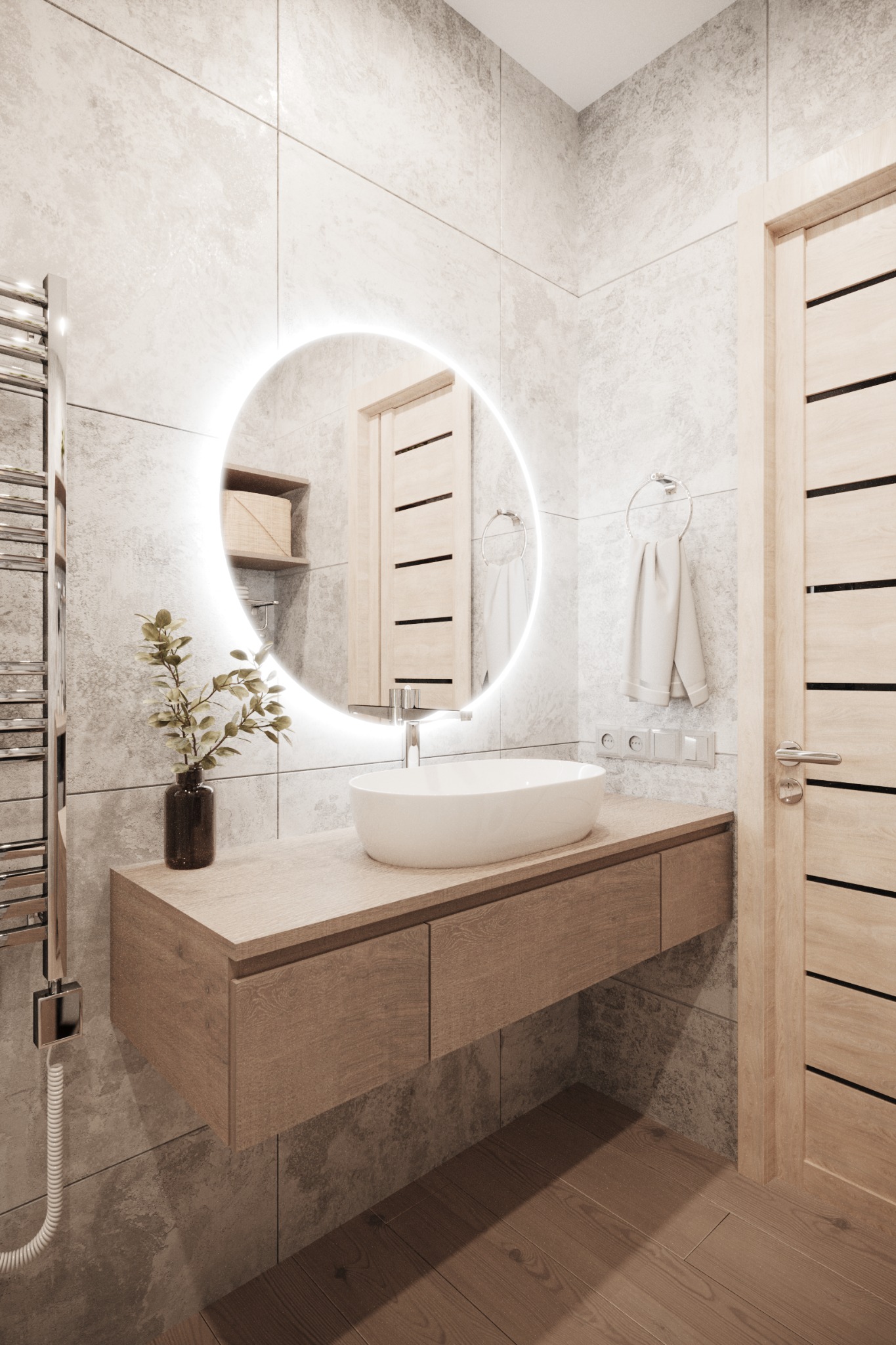 Nowoczesna łazienka z podświetlanym okrągłym lustrem, umywalką nablatową na drewnianej szafce wiszącej, grzejnikiem drabinkowym i drewnianą podłogą.