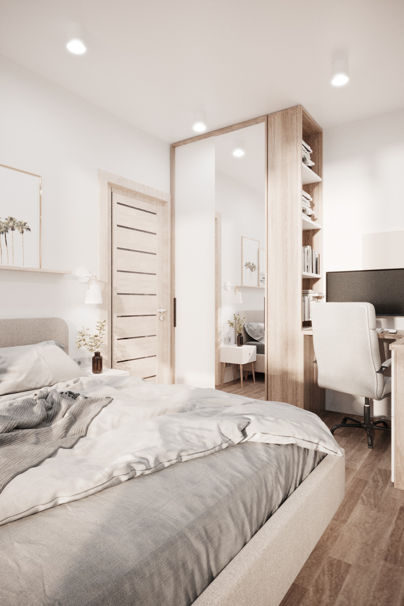 Nowoczesna sypialnia z łóżkiem, biurkiem i szafą z lustrem, utrzymana w jasnej kolorystyce z akcentami drewna.