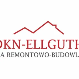 Logo firmy remontowo-budowlanej DKN-ELLGUTH z graficznym symbolem dachu w kolorze czerwonym nad nazwą.