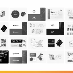 Kompilacja różnorodnych projektów graficznych w czerni i bieli, prezentująca logotypy, wizytówki, opakowania produktów, layouty stron internetowych i materiały reklamowe.