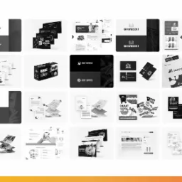 Zestawienie różnorodnych projektów graficznych w czerni i bieli, w tym logotypy, strony internetowe i materiały reklamowe, prezentujących portfolio firmy z Białegostoku.