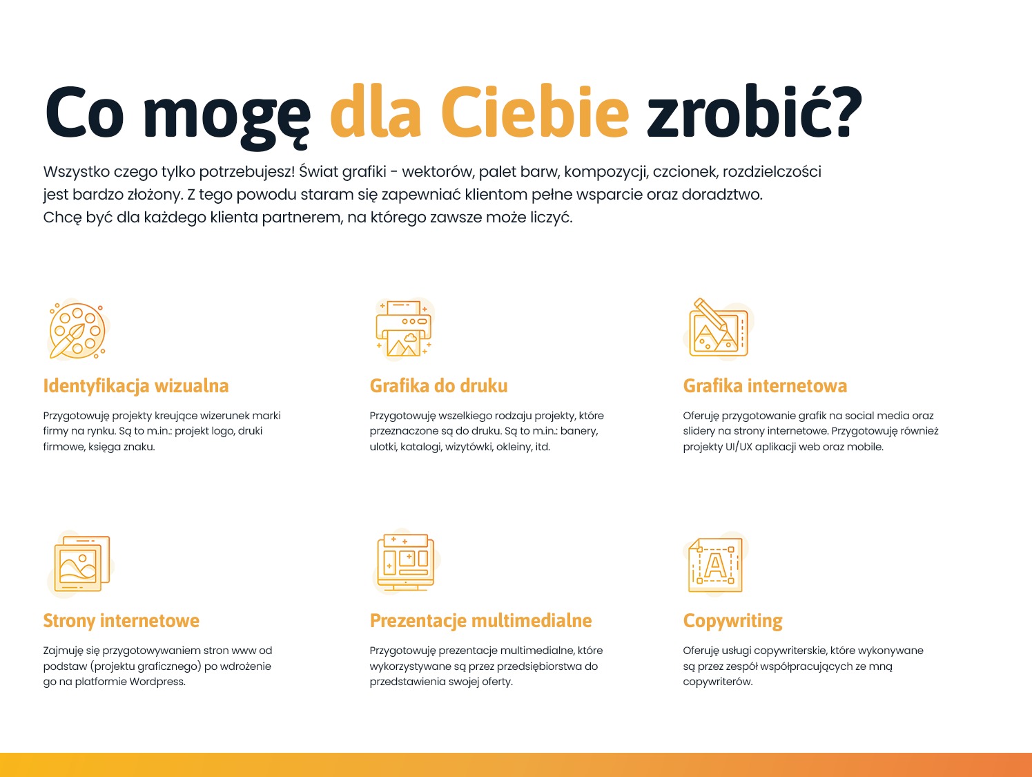 Grafika przedstawiająca ofertę usług z zakresu identyfikacji wizualnej, grafiki do druku, grafiki internetowej, stron internetowych, prezentacji multimedialnych i copywritingu, z ikonami...