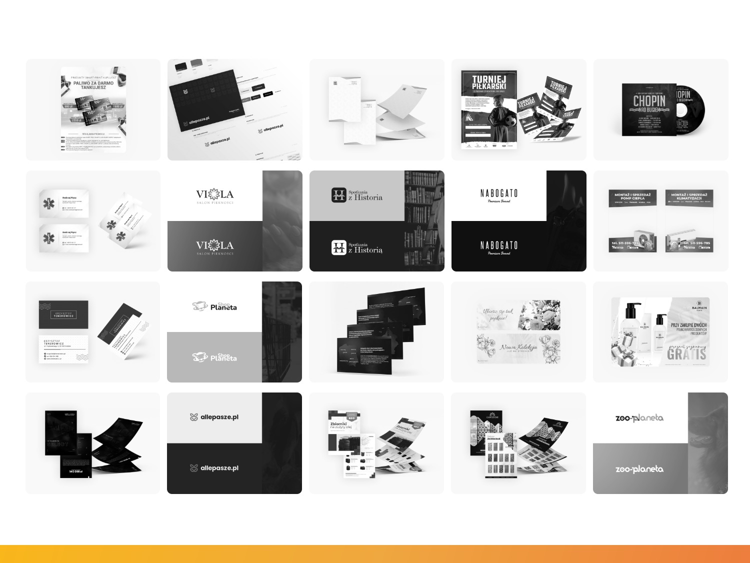Kompilacja różnorodnych materiałów promocyjnych i identyfikacji wizualnej w czerni i bieli, w tym wizytówki, ulotki, plakaty i opakowania produktów, z minimalistycznymi projektami i różnymi...