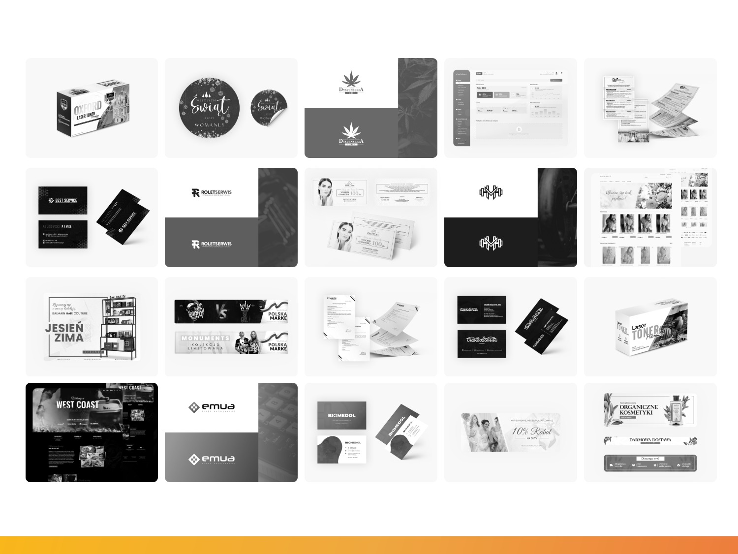 Kompilacja różnorodnych projektów graficznych w czerni i bieli, prezentująca logotypy, wizytówki, opakowania produktów, layouty stron internetowych i materiały reklamowe.