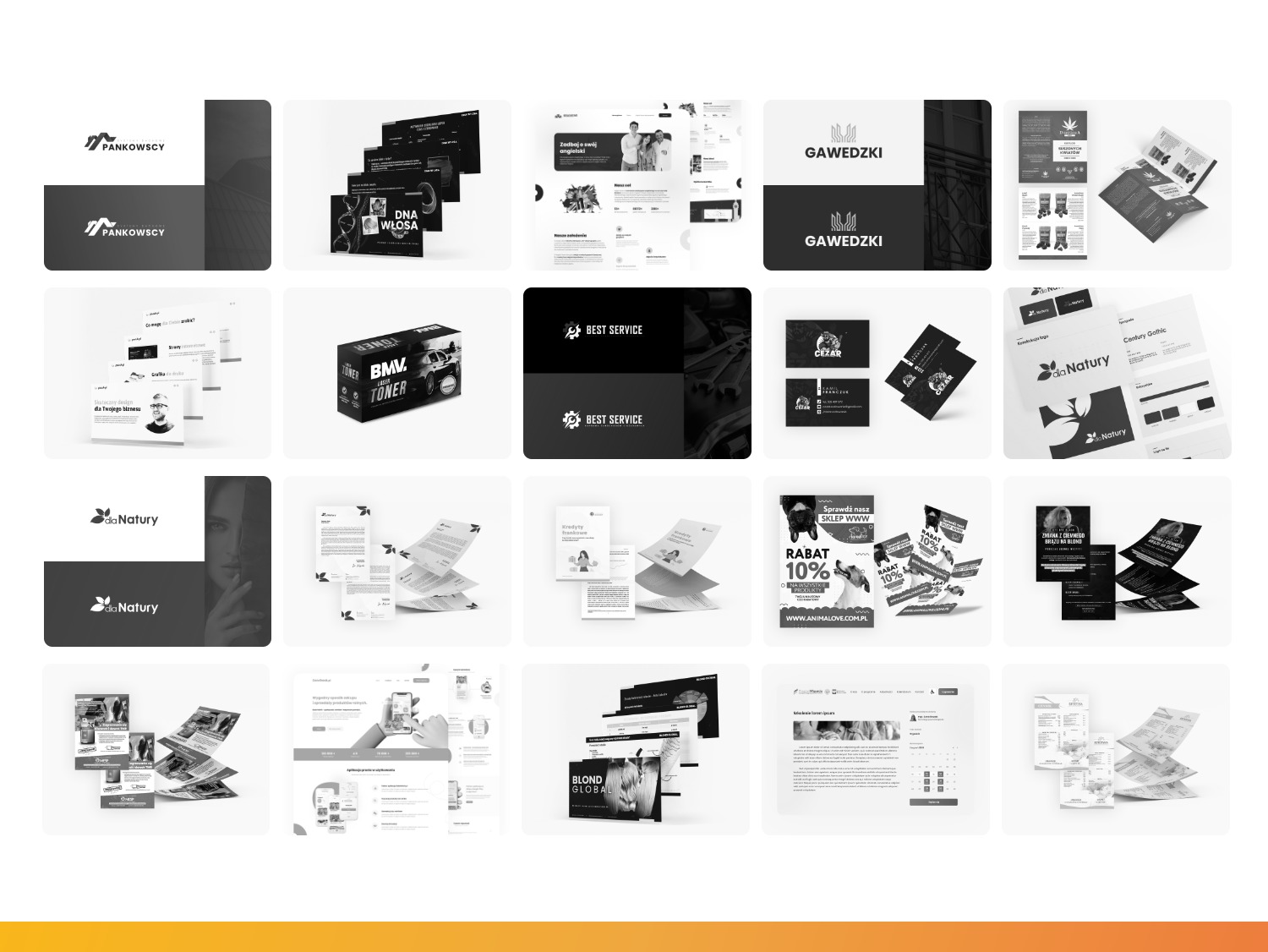 Zestawienie różnorodnych projektów graficznych w czerni i bieli, w tym logotypy, strony internetowe i materiały reklamowe, prezentujących portfolio firmy z Białegostoku.