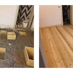 Dwa ujęcia tego samego pokoju: po lewej przygotowanie podłoża z wykopanymi otworami i drewnianymi szalunkami, po prawej świeżo położona, jasna drewniana podłoga z listwami przypodłogowymi.