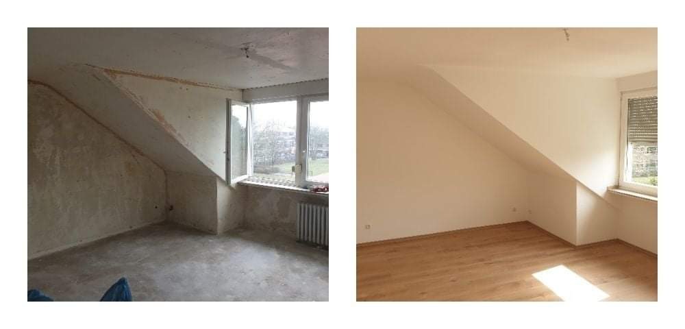 Porównanie stanu pokoju na poddaszu przed i po remoncie: surowe, nierówne ściany z resztkami starej farby kontra gładkie, pomalowane na jasny kolor ściany i nowa drewniana podłoga.