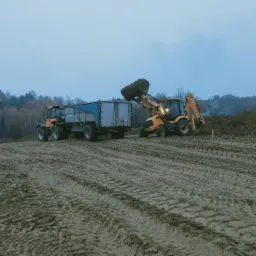Żółta koparko-ładowarka z podniesioną łyżką pełną ziemi, obok ciągnik z niebieską przyczepą na polu z widocznymi śladami opon, w tle drzewa i pochmurne niebo.
