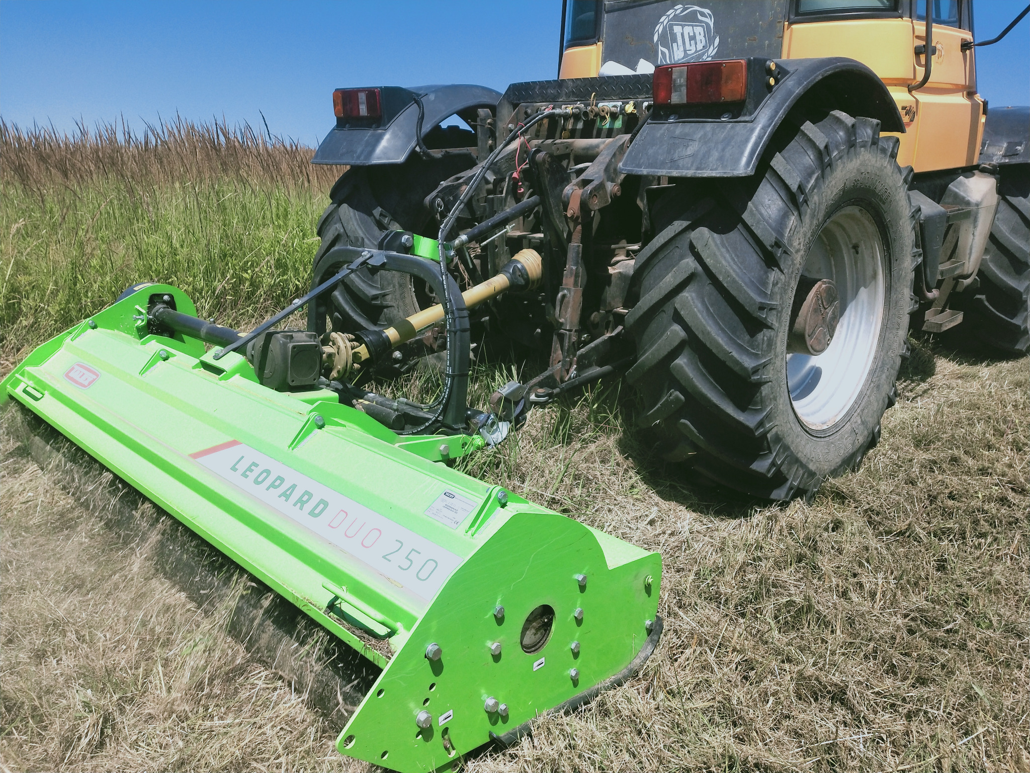 Żółty ciągnik marki JCB z podłączoną zieloną kosiarką bijakową Leopard Duo 250 na polu z wysoką trawą, widok z tyłu.