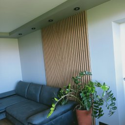 DARIUSZ TARNOWSKI GLADIATOR - Szary narożnik z drewnianą ścianką działową w pionowe listwy; doniczka z zieloną rośliną. Nowoczesne wykończenie wnętrza, oświetlenie punktowe.