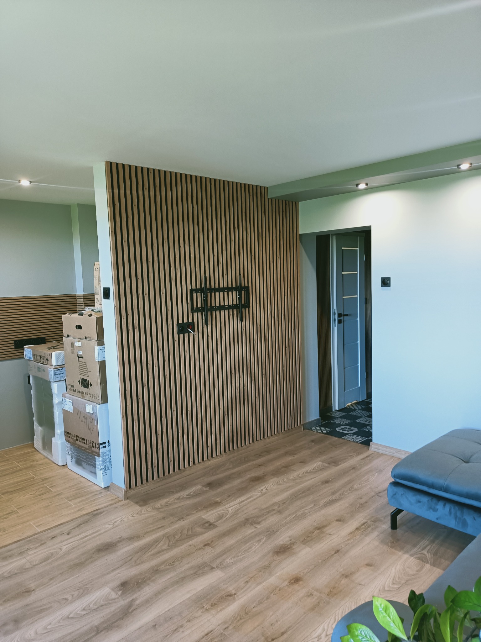 Nowoczesny salon z drewnianą ścianą z lameli i uchwytem na TV. Podłoga z paneli, szara ściana i fragment sofy. Widoczne kartony z nowym sprzętem.