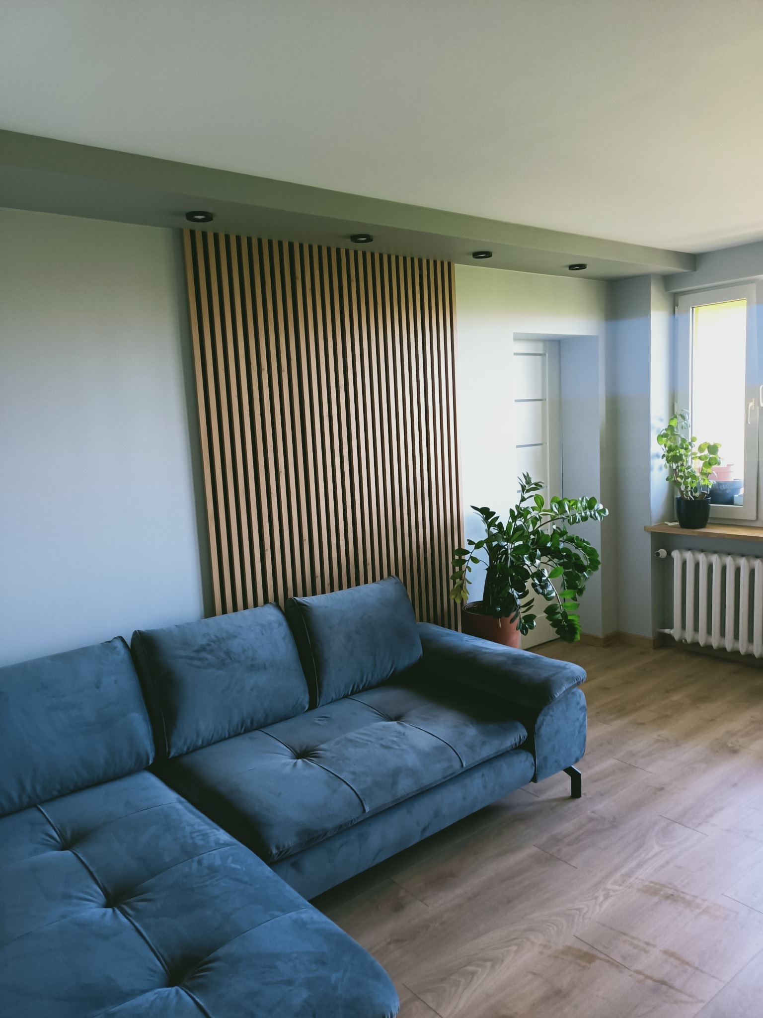 Nowoczesny salon z szarą sofą, drewnianą ścianką działową i roślinami doniczkowymi. Jasne wnętrze z parkietem i grzejnikiem pod oknem. Minimalistyczny design.