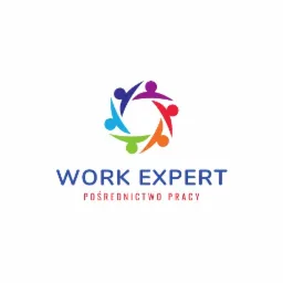 Kolorowe logo firmy Work Expert z motywem złączonych, stylizowanych postaci, symbolizujących współpracę i wsparcie.