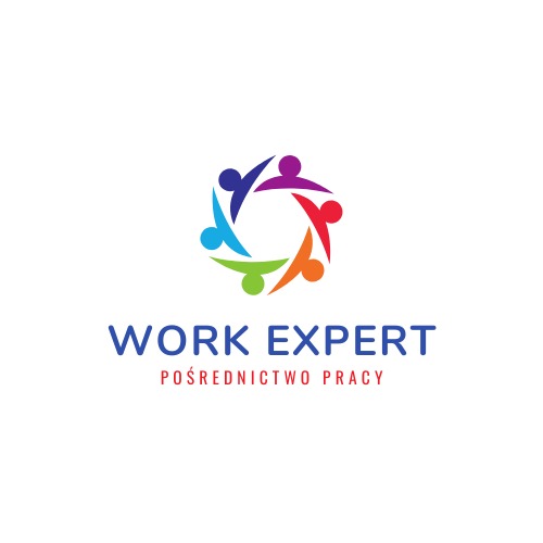 Kolorowe logo firmy Work Expert z motywem złączonych, stylizowanych postaci, symbolizujących współpracę i wsparcie.