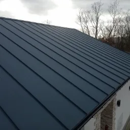 Nowoczesny, ciemnografitowy dach z blachy trapezowej na tle pochmurnego nieba i drzew bez liści, widoczna rynna i fragment elewacji budynku z elementami kamiennymi.