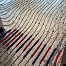 Ułożone białe rury ogrzewania podłogowego na folii z czerwoną siatką, połączone czerwonymi i niebieskimi rurami karbowanymi. Widok z góry.