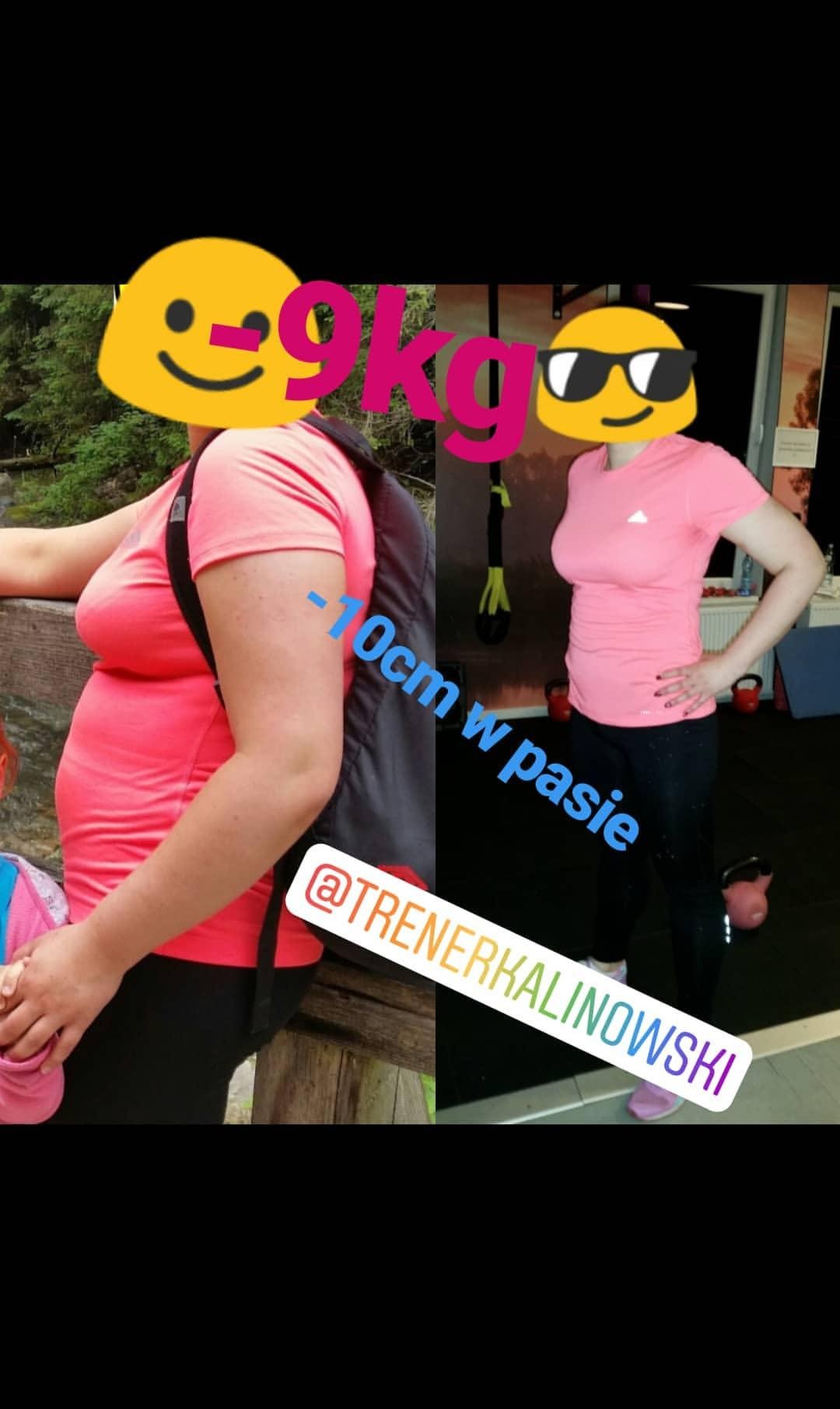 Kolaż prezentujący metamorfozę sylwetki kobiety przed i po treningach, z widoczną utratą wagi (9kg) i zmniejszeniem obwodu w pasie (10cm), z nakładką graficzną i oznaczeniem profilu trenera.