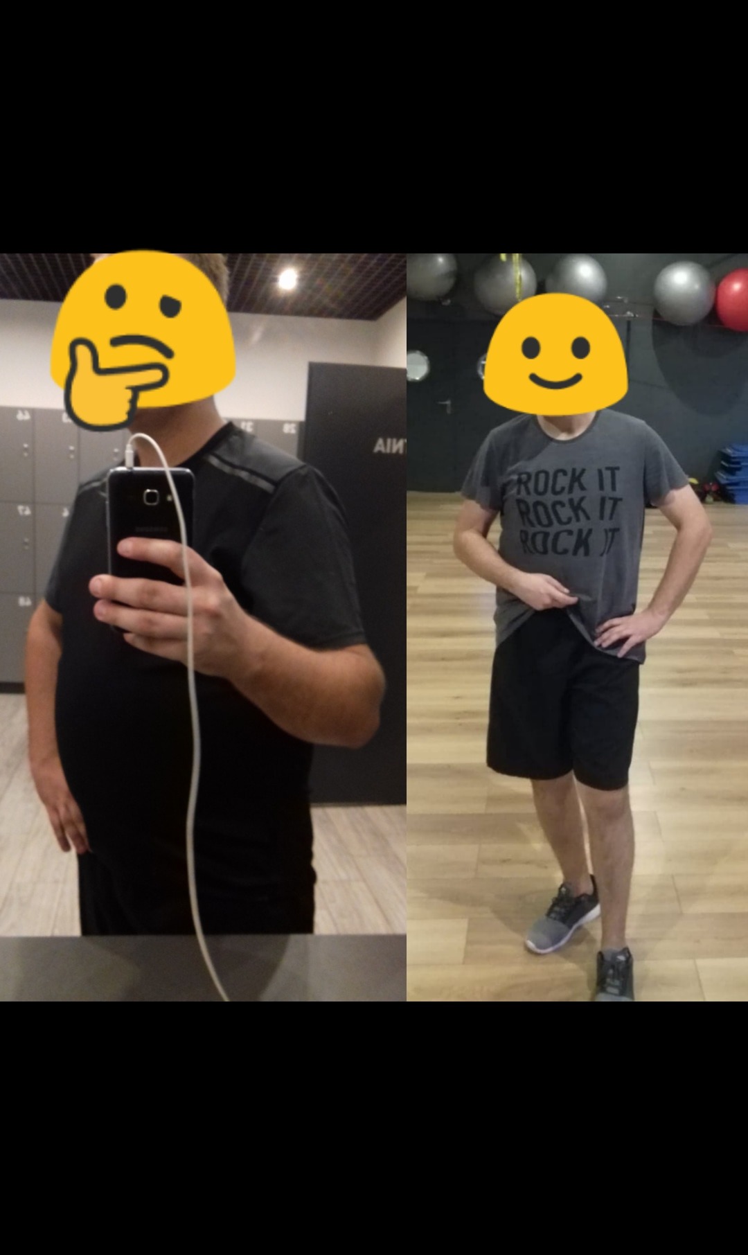 Porównanie sylwetki mężczyzny przed i po treningu, widoczne zmiany w obwodzie brzucha, wykonane w szatni siłowni.