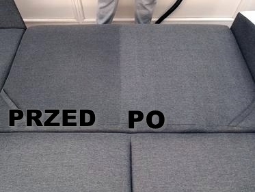 Sofa z wyraźnym podziałem na część wyczyszczoną i zabrudzoną, z napisem 'PRZED' i 'PO', widoczny fragment węża odkurzacza piorącego.
