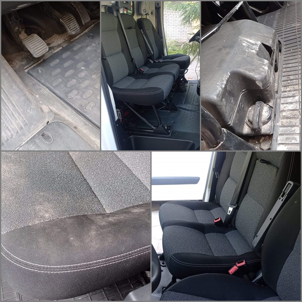 Wnętrze busa przed czyszczeniem: brudne dywaniki podłogowe, tapicerka foteli z wyraźnymi plamami, widoczny zbiornik na płyn w nie najlepszym stanie.