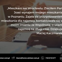 home advisor - Referencja klienta: Maciej Kaczmarek z Wrocławia poleca Panią Joasię za wynajem mieszkania w Poznaniu, z widocznym uściskiem dłoni i logo Home Advisor w dolnym rogu.