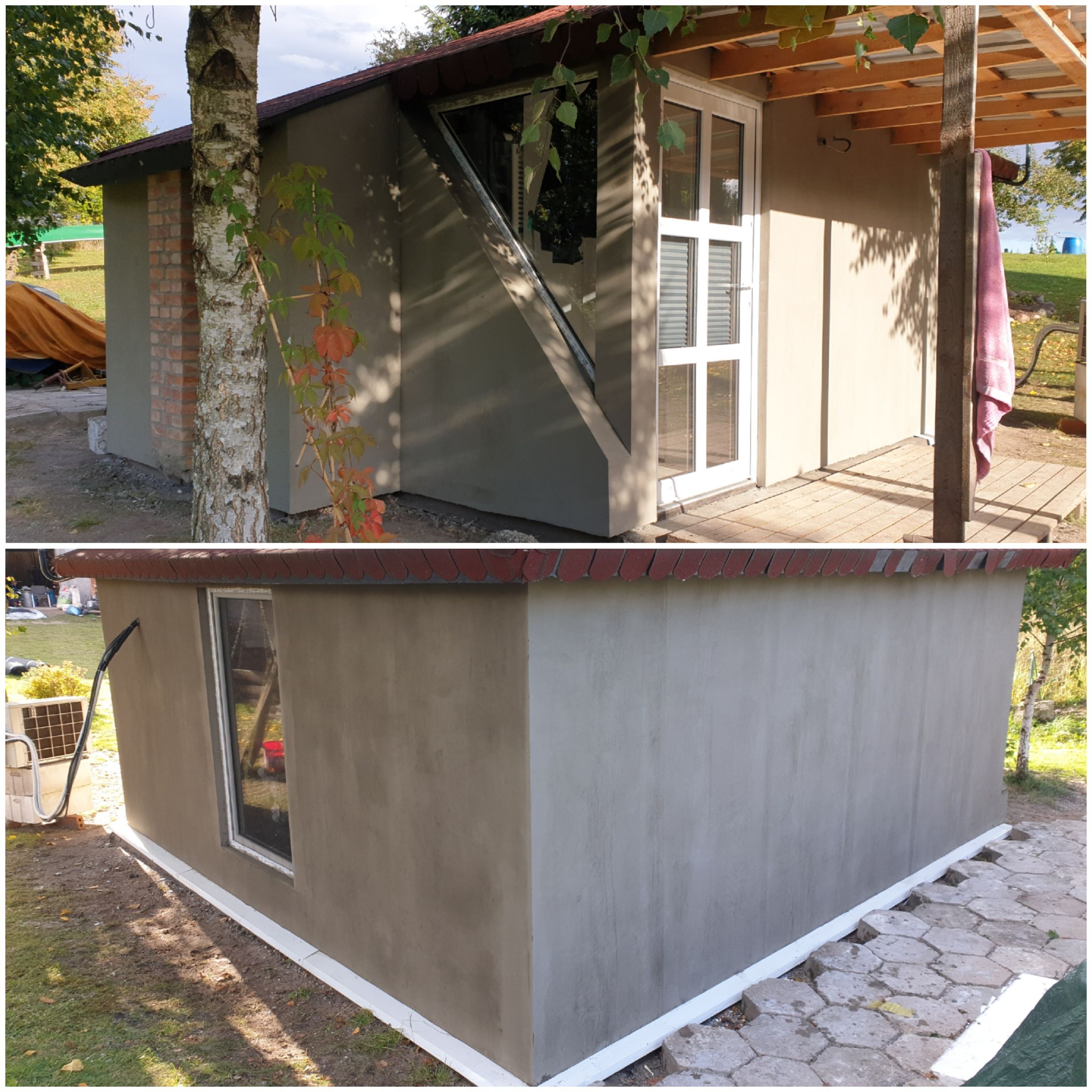 Otynkowany budynek gospodarczy z białymi oknami i drzwiami, widoczne ślady po nałożeniu gładzi, zadaszenie drewniane.