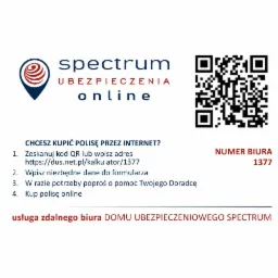 Grafika informacyjna firmy ubezpieczeniowej Spectrum Online z logo, kodem QR i instrukcją zakupu polisy przez internet oraz numerem biura 1377.