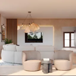 Jasne, przestronne wnętrze salonu z okrągłą, modułową sofą, dwoma fotelami w kolorze beżowym i stolikiem kawowym z książkami. Na podłodze jasny parkiet, a nad sofą designerska lampa z wikliny.