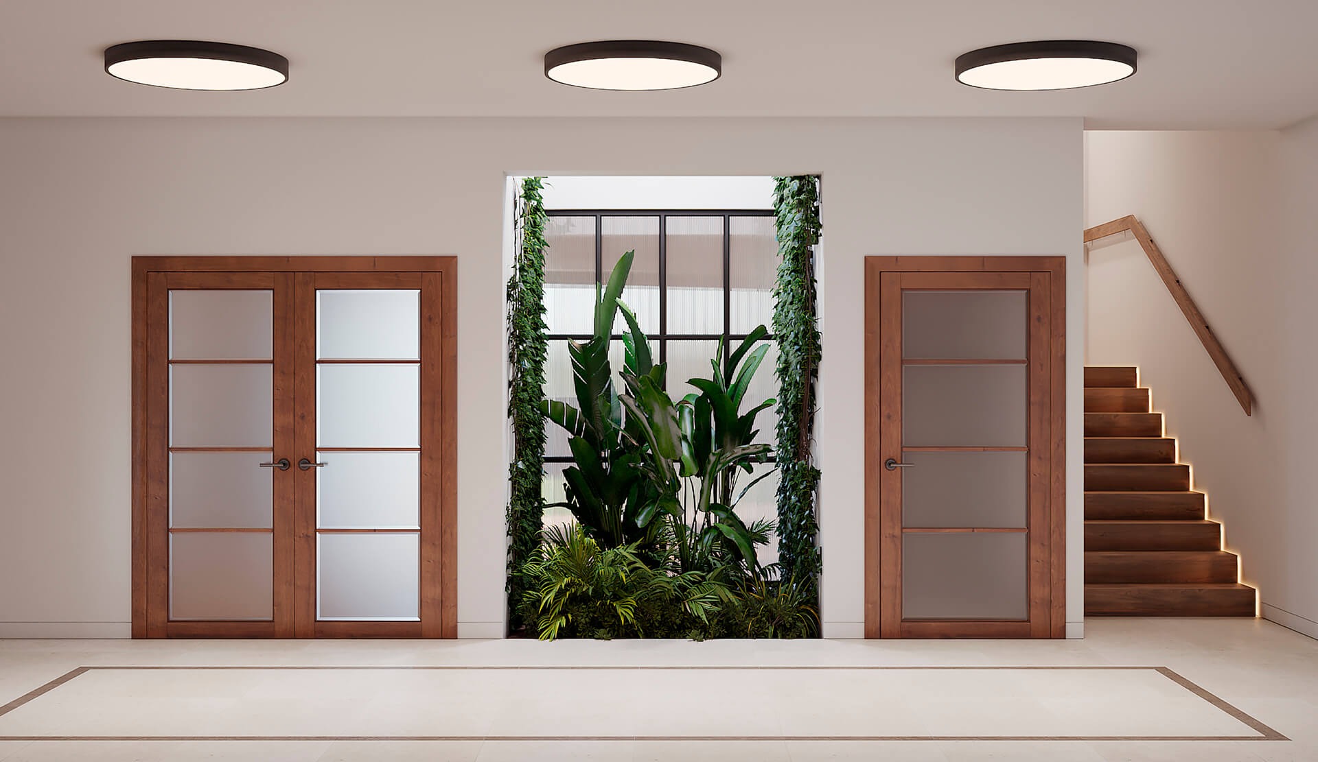 Wnętrze z drewnianymi drzwiami z szybami, wewnętrznym ogrodem w oknie i podświetlanymi schodami, widok z przodu.