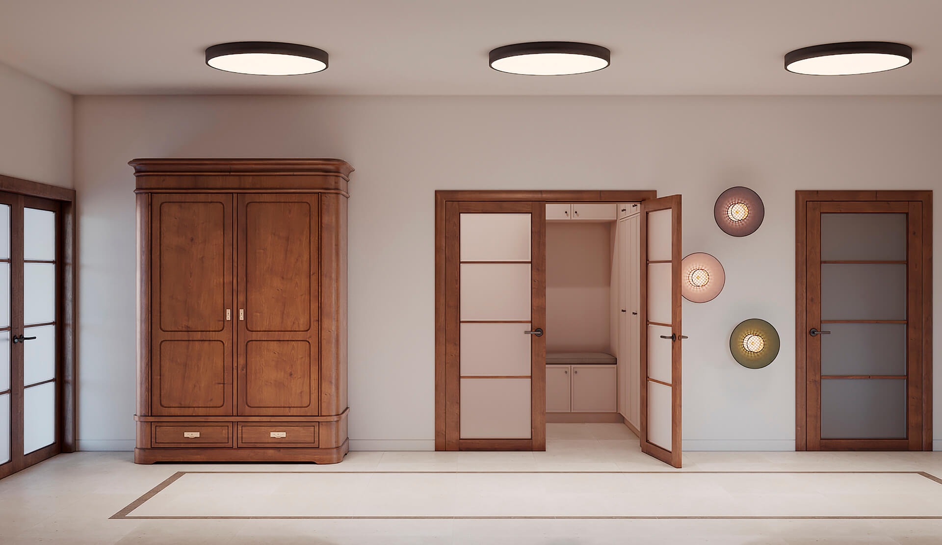 Wnętrze przedpokoju z drewnianą szafą, otwartą garderobą z siedziskiem i trzema okrągłymi lampami ściennymi w różnych kolorach, oświetlonymi trzema okrągłymi lampami sufitowymi.