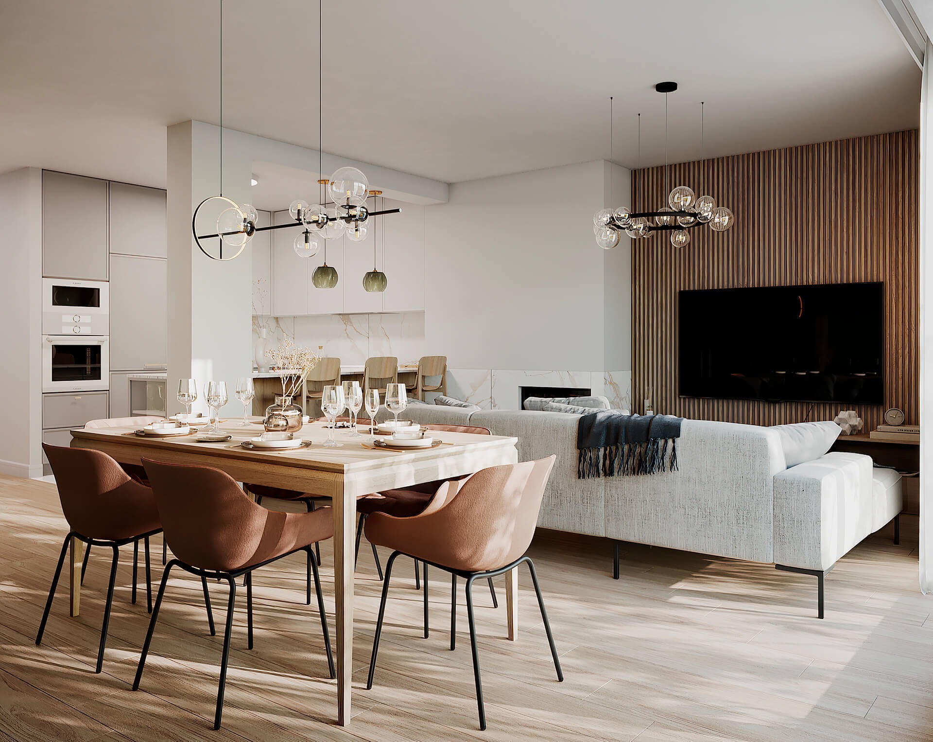 Wnętrze przestronnego salonu z jadalnią w Warszawie, z drewnianym stołem i krzesłami w odcieniach brązu, nowoczesnym oświetleniem sufitowym i telewizorem na ścianie z drewnianymi panelami. W tle...