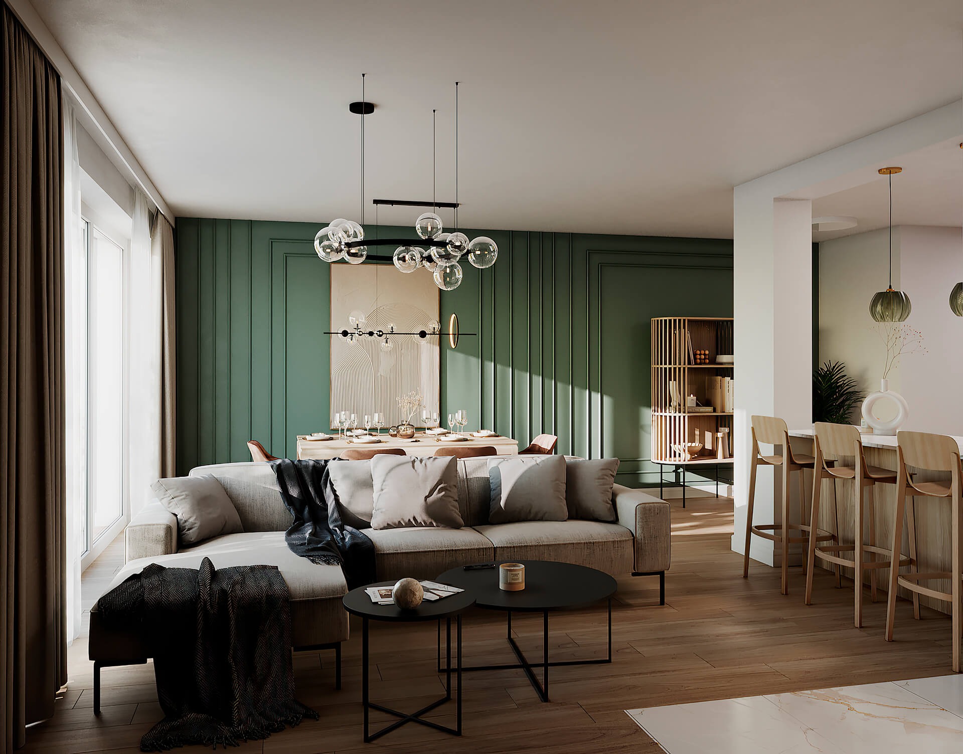 Nowoczesny salon z zieloną ścianą, beżową sofą z poduszkami i kocami, okrągłymi stolikami kawowymi, drewnianą podłogą i otwartą kuchnią z hokerami