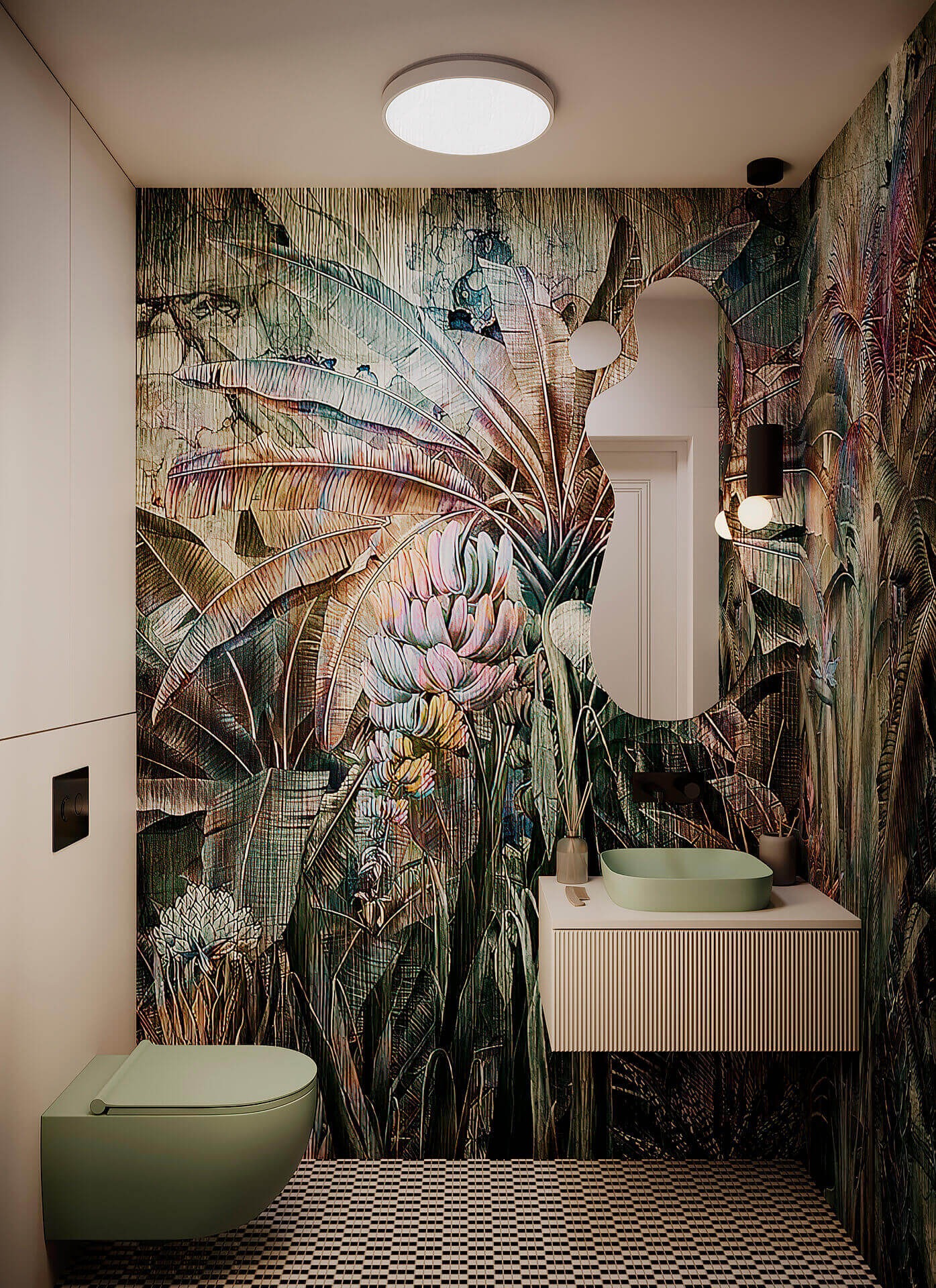 Nowoczesna łazienka z motywem tropikalnym na tapecie, pistacjowa umywalka nablatowa i wisząca toaleta w tym samym kolorze, podłoga w czarno-białą szachownicę.