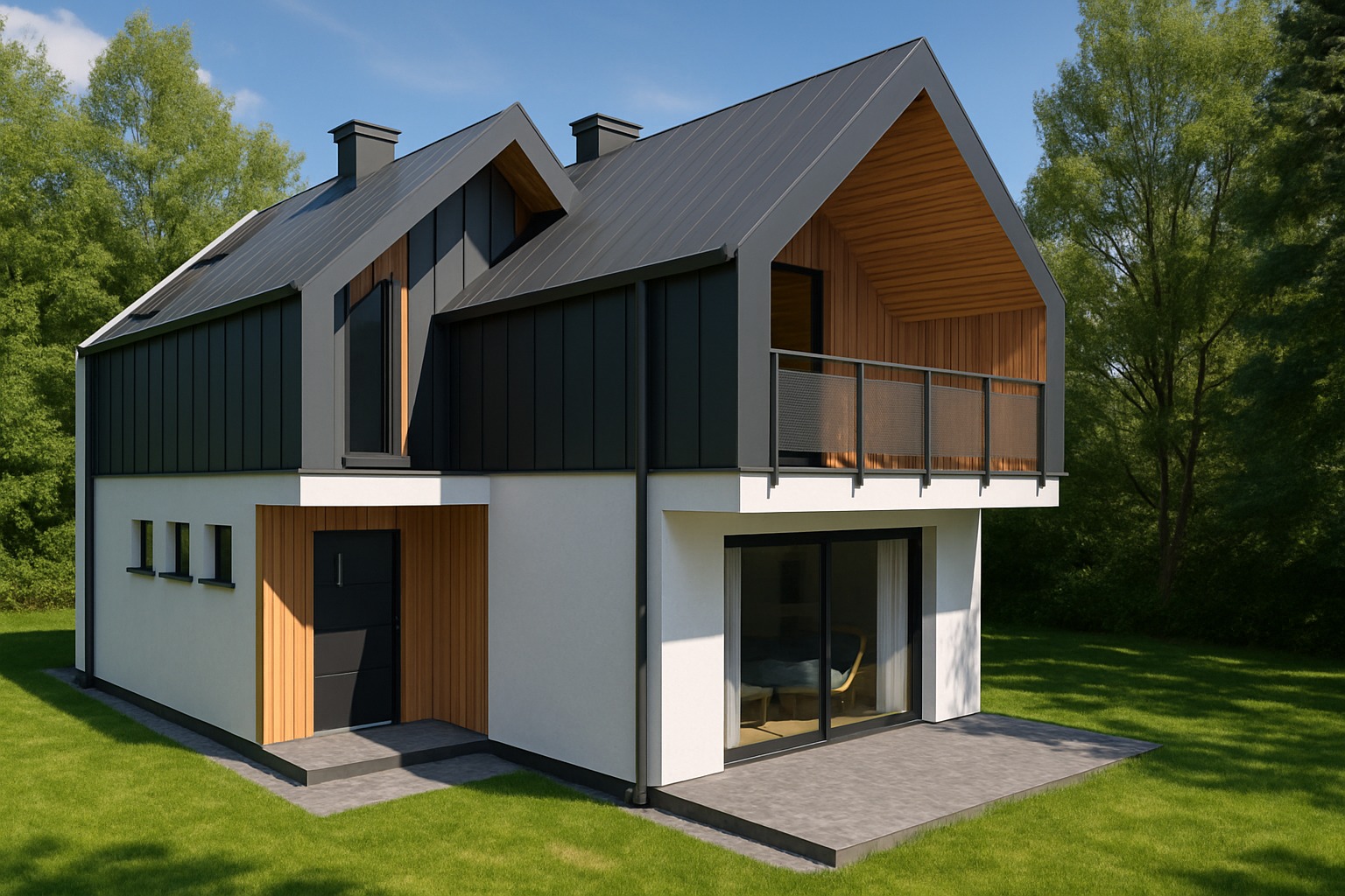 Nowoczesny dom z ciemną, dwuspadową blachą na dachu, drewnianą elewacją i balkonem. Duże okna przesuwne wychodzą na trawnik. Minimalistyczny design.