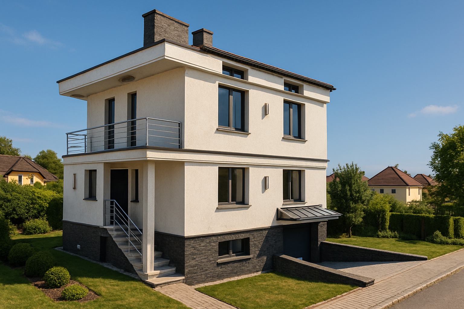 Nowoczesny, dwupiętrowy dom z balkonem i garażem w piwnicy, wykończony w jasnych kolorach z ciemnymi akcentami. Widoczne schody wejściowe i zadbany trawnik.