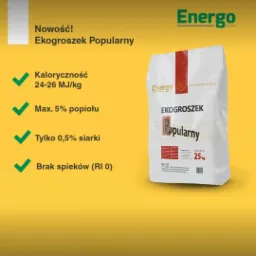 Worek z ekogroszkiem Popularny marki Energo, przedstawiony na żółtym tle z wyszczególnionymi parametrami: kaloryczność, zawartość popiołu, siarki i brak spieków.