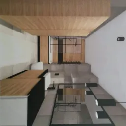 Wizualizacja wnętrza z drewnianym sufitem, białymi ścianami i elementami wykończenia w stylu industrialnym, w tym czarnymi ramami i minimalistycznym oświetleniem.