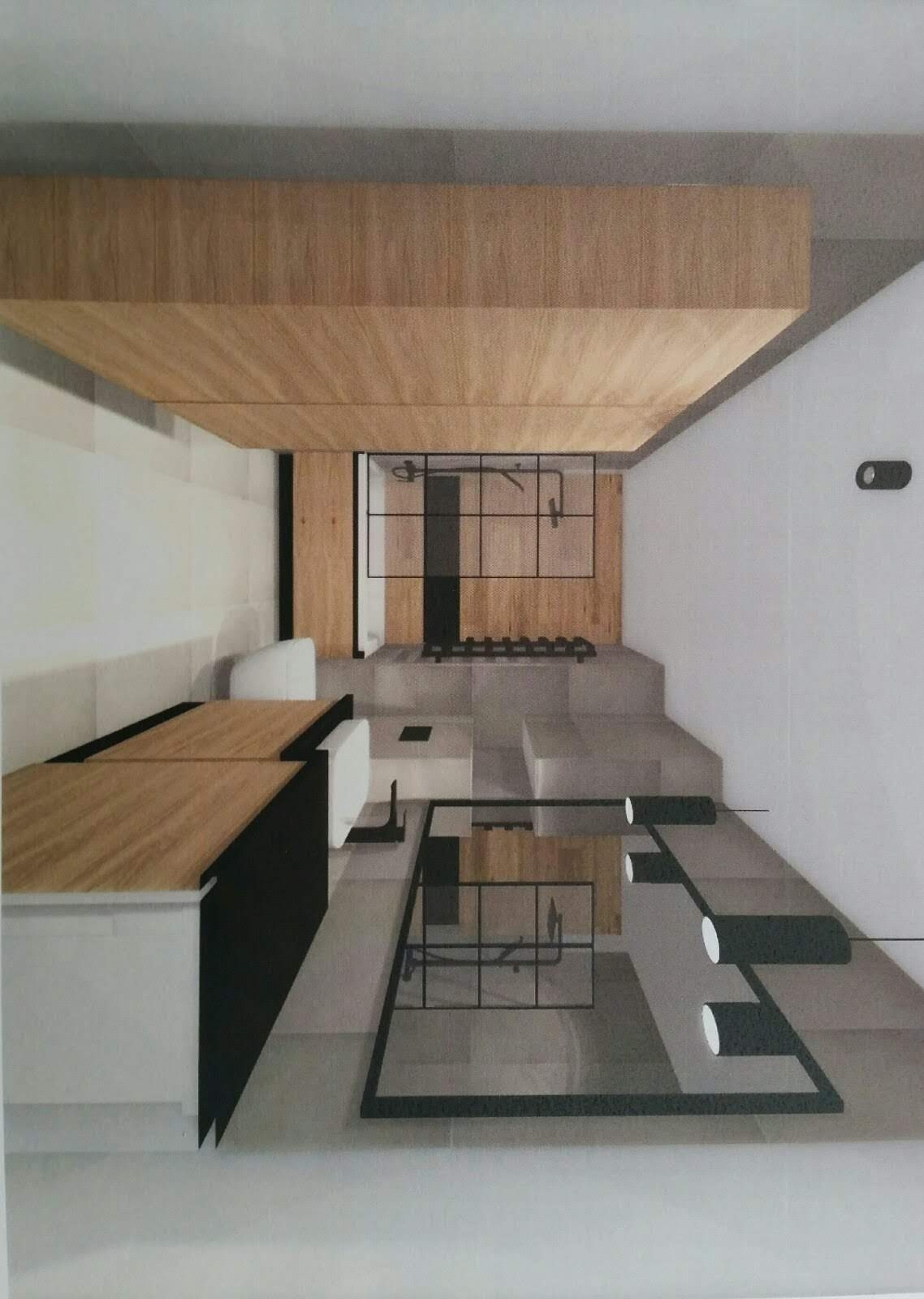 Wizualizacja wnętrza z drewnianym sufitem, białymi ścianami i elementami wykończenia w stylu industrialnym, w tym czarnymi ramami i minimalistycznym oświetleniem.