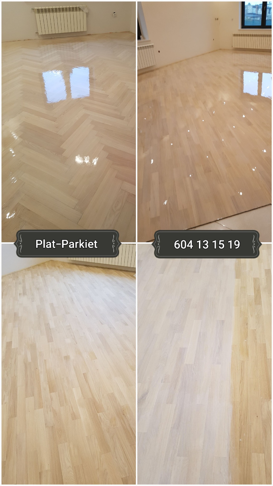 Cztery ujęcia parkietu: dwa z połyskiem odbijającym okno, układanego w jodełkę, jedno z parkietem w deski, a ostatnie z parkietem w trakcie lakierowania, z widocznym kontrastem między polakierowaną...