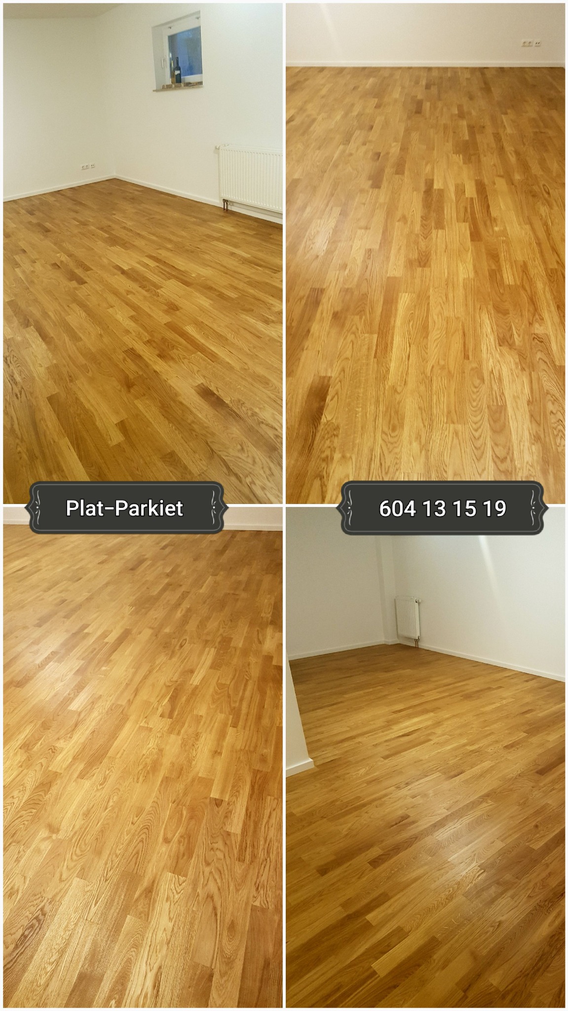 Cztery ujęcia tego samego pomieszczenia z nowo ułożoną, lakierowaną podłogą parkietową w odcieniach jasnego brązu, ułożoną w jodełkę, z białymi ścianami i grzejnikiem pod oknem. Na dwóch ujęciach...