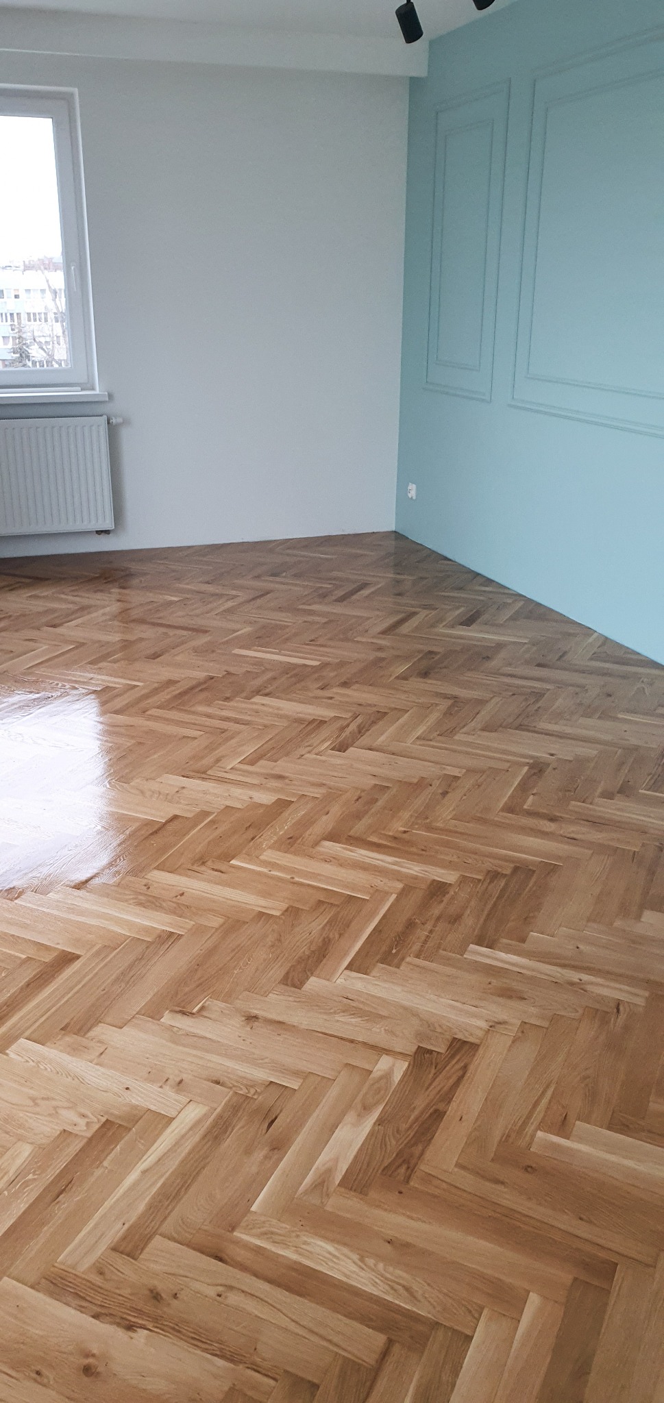 Świeżo położony, lakierowany parkiet ułożony we wzór jodełki klasycznej w pustym pokoju z białą ścianą i błękitną ścianą z dekoracyjnymi panelami.