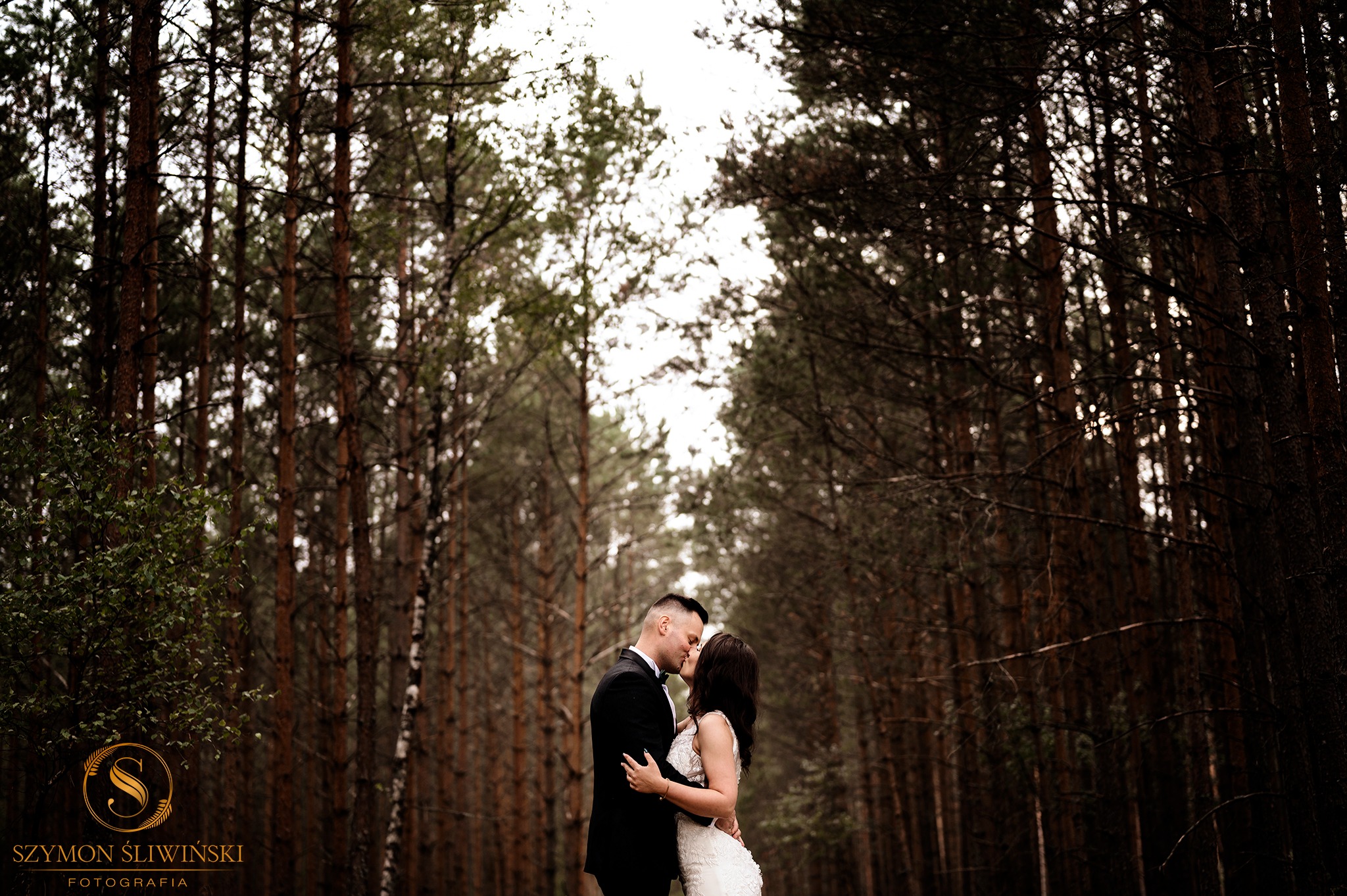 Para młoda całuje się w lesie sosnowym, on w czarnym smokingu z białą muszką, ona w białej sukni ślubnej z koronkową górą, ciemne drzewa tworzą tunel.