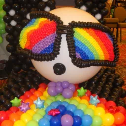 Dekoracja balonowa w kształcie pandy z tęczowymi okularami, wykonana z różnokolorowych balonów, z dodatkiem gwiazdek z balonów na wzorzystej podłodze.