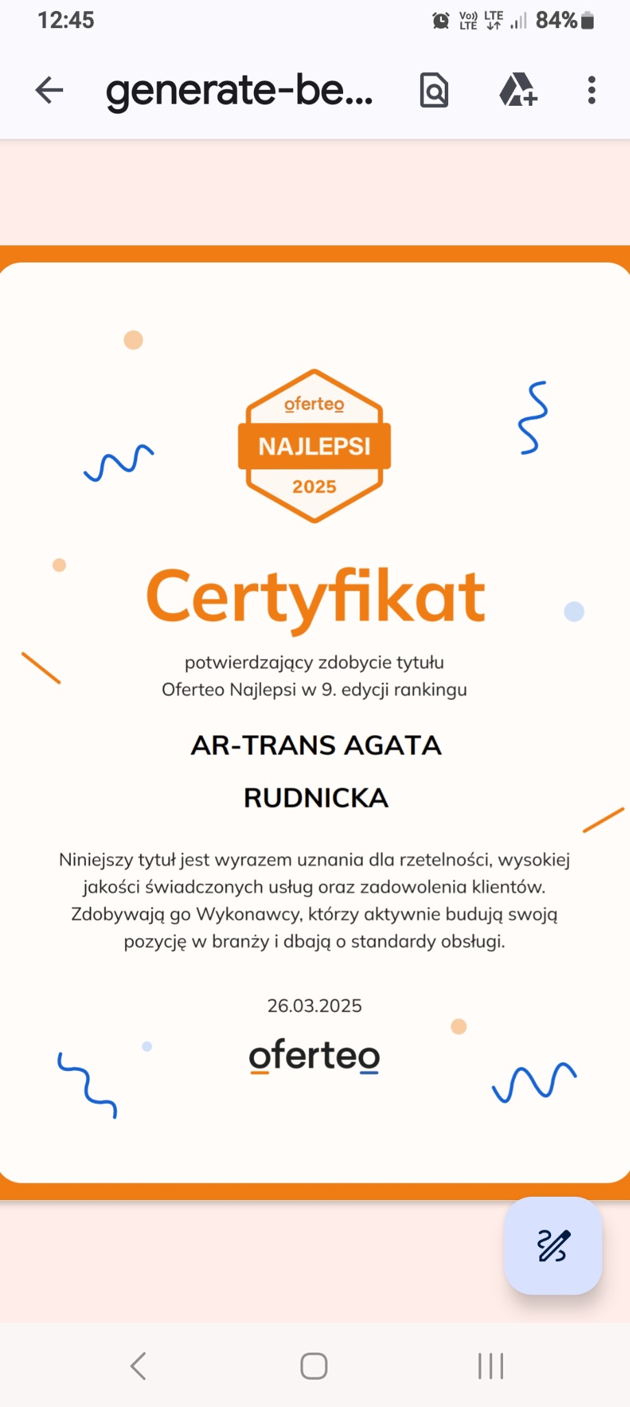 Certyfikat Oferteo Najlepsi 2025 dla AR-TRANS AGATA RUDNICKA, potwierdzający wysoką jakość usług i zadowolenie klientów w 9. edycji rankingu.