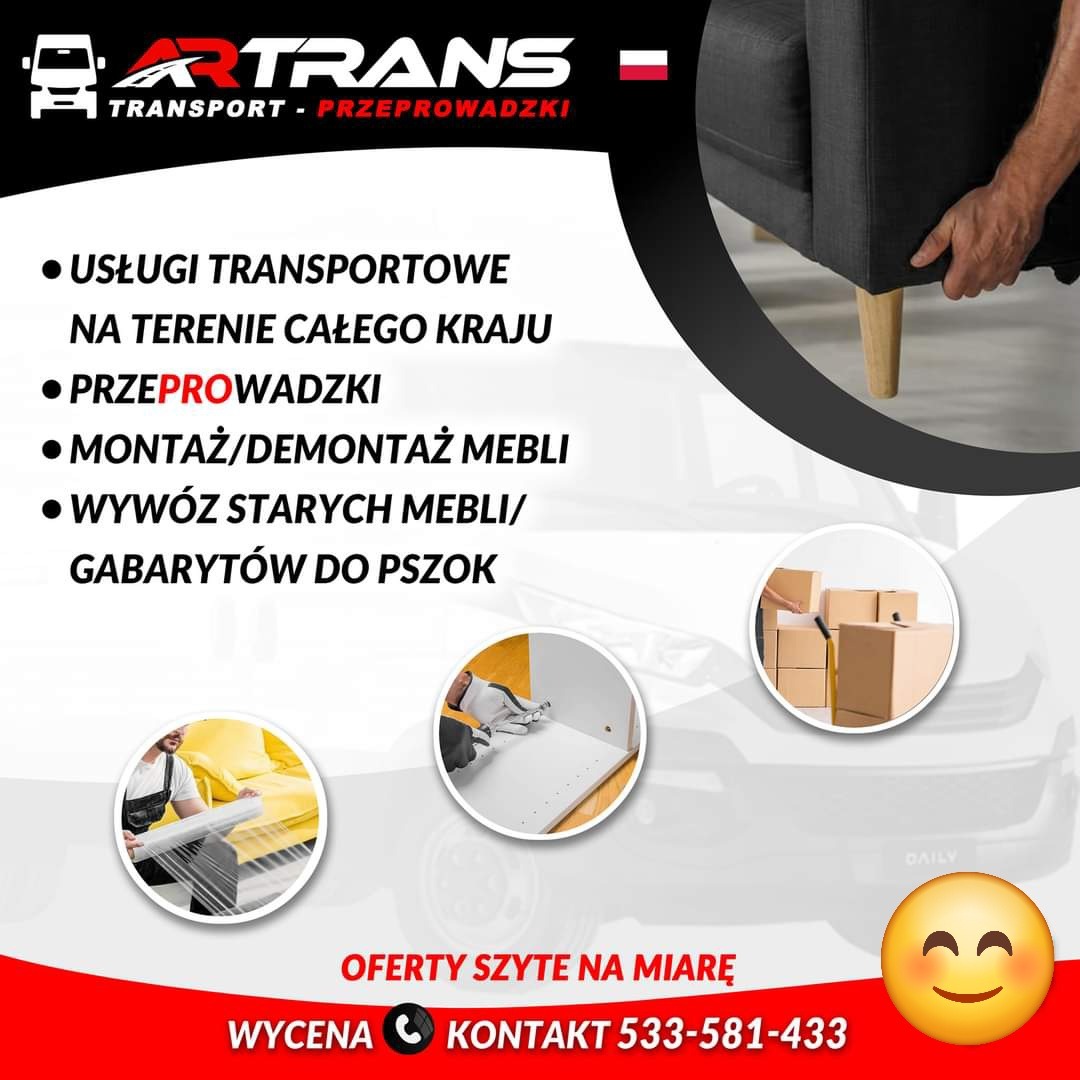 Grafika reklamowa firmy transportowej ARTRANS: usługi transportowe, przeprowadzki, montaż mebli, wywóz gabarytów. Kontakt i wycena.